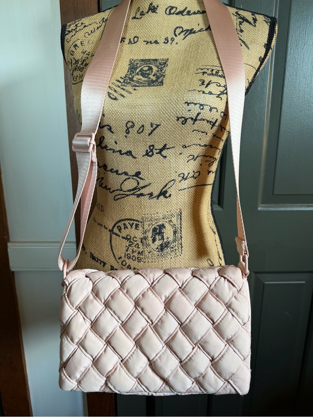 Women's Quilted Crossbody Bag in Light Pink magnetic clasp, adjustable strap